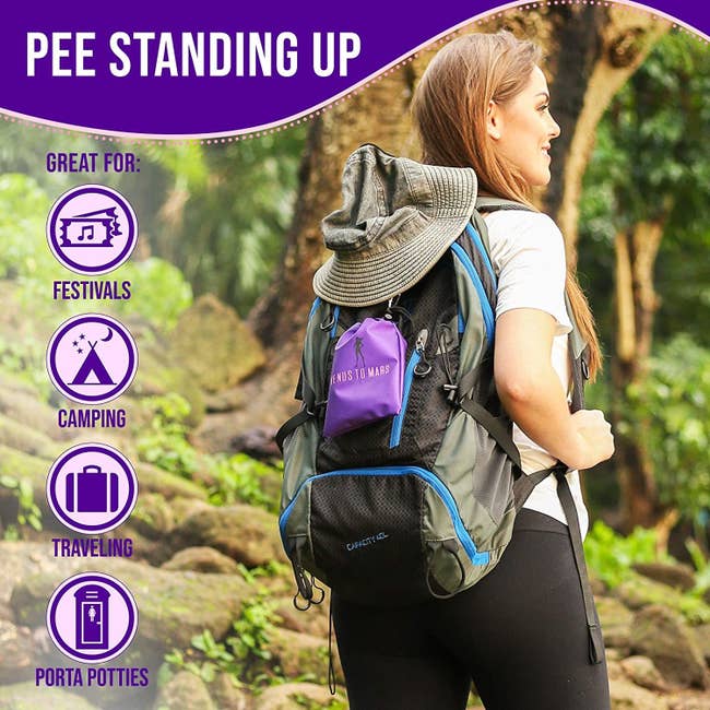 Model is hiking with the device in a pouch attached to their backpack