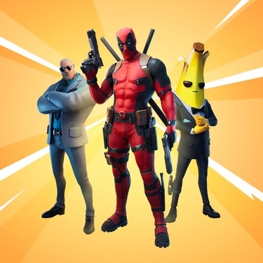Fortnite character Deadpool stands next to a man in a suit and a banana in a tux