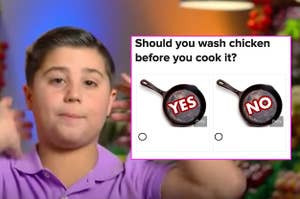 A kid chef up to here next to a question as to whether or not you should wash chicken