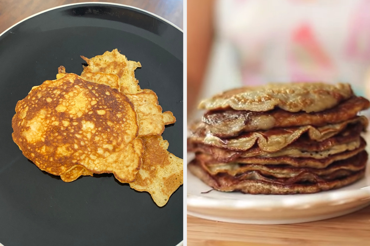 My pancakes, all very weird shapes, side by side with Blogilates&#x27; pancakes, perfectly round and much more appetizing