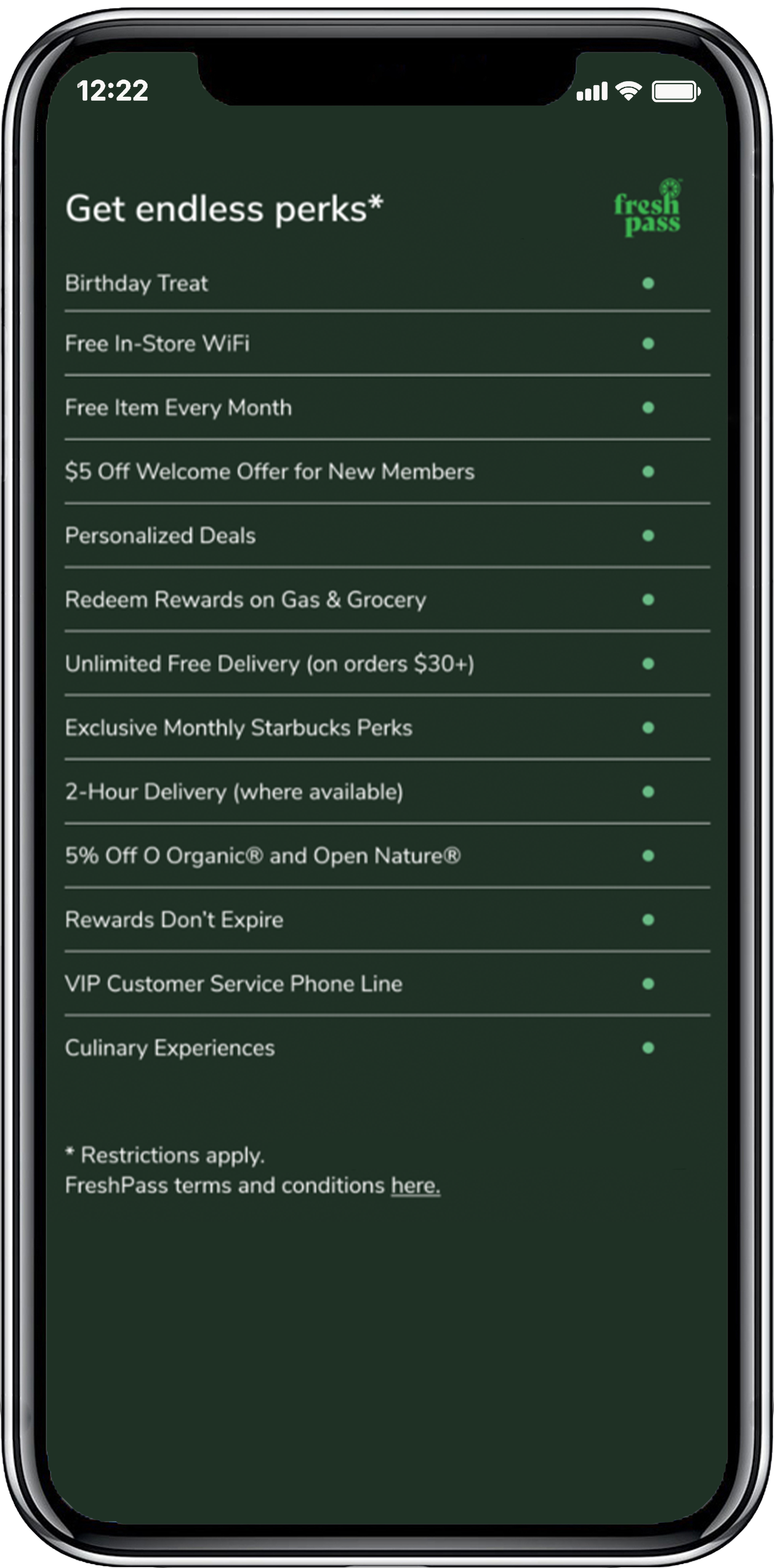 FreshPass perks phone screen