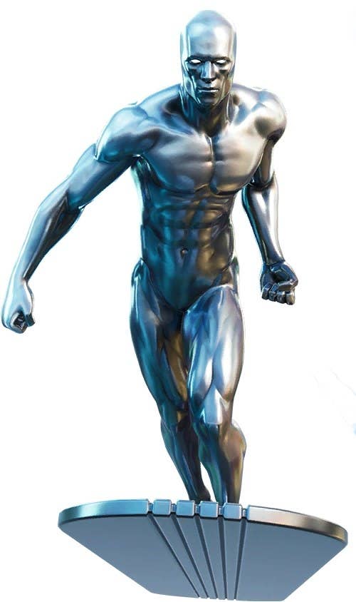 The Silver Surfer Fortnite character poses by leaning forward