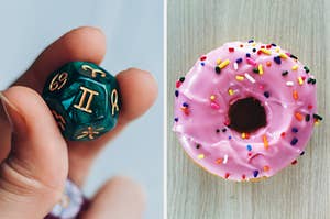 On the left, someone holding an astrology die, and on the right, a strawberry-frosted donut with sprinkles on top