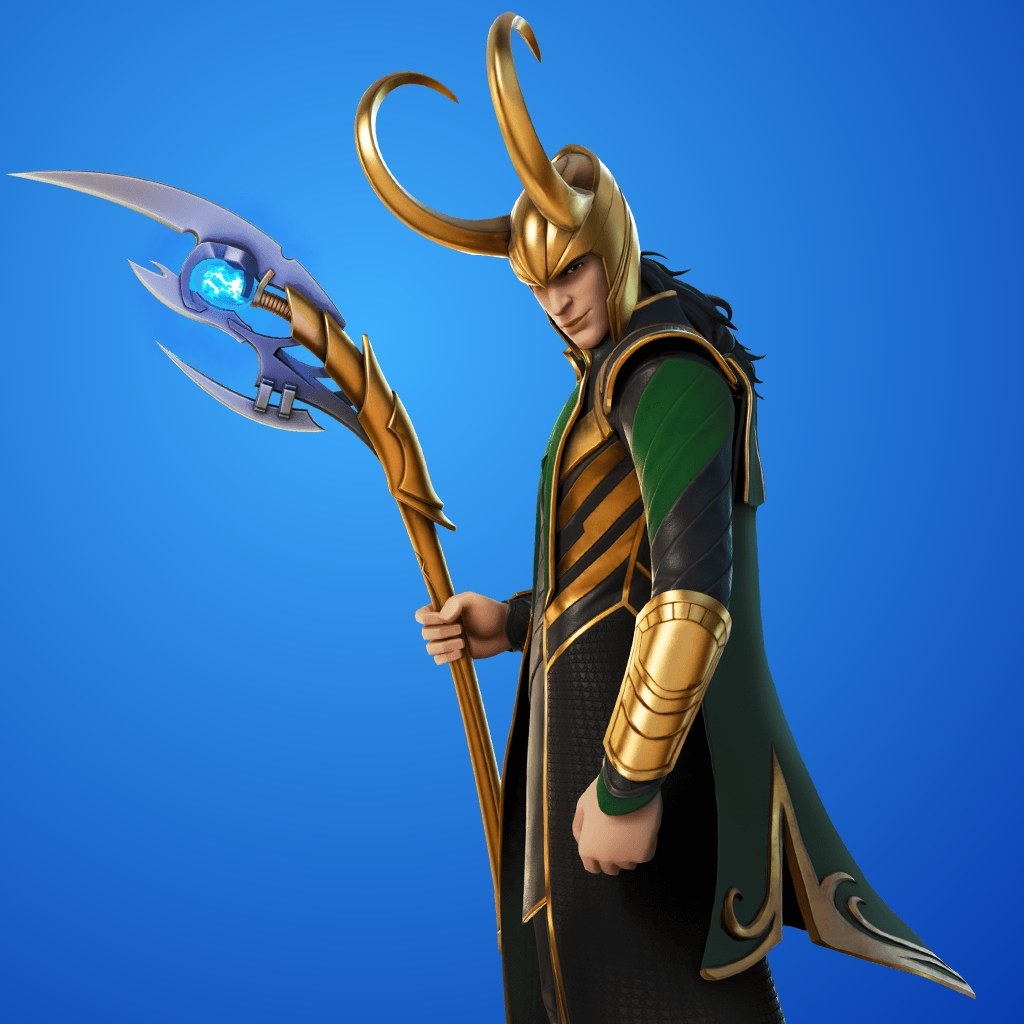Loki wields scepter while wearing horned helmet