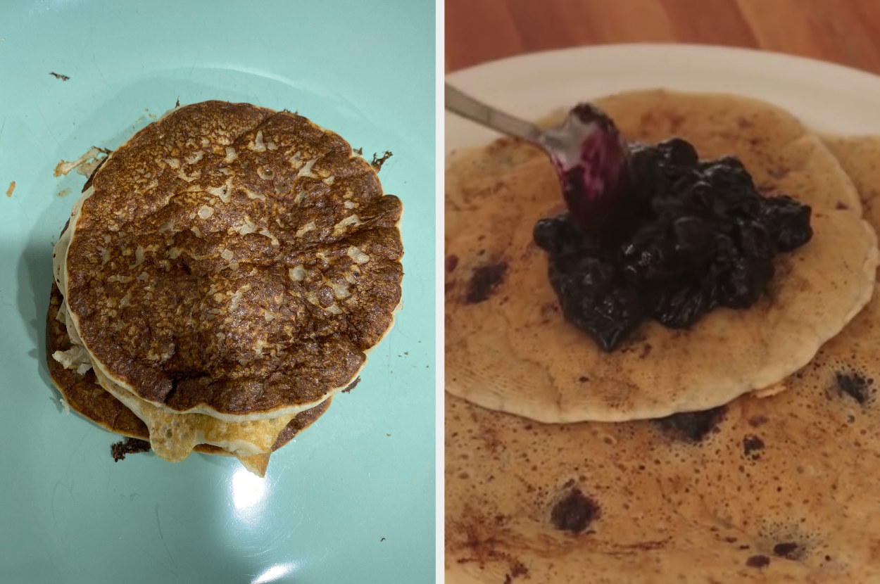 My pancakes, thick, round, and a little burnt, side by side with Mad&#x27;s pancakes, thinner and lighter