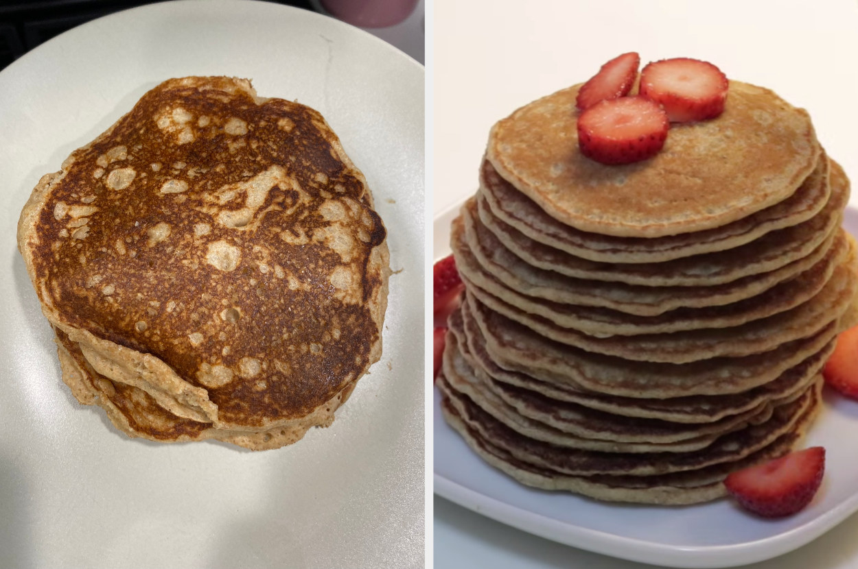 My pancakes, crispy and thick, side by side with Emi Wong&#x27;s pancakes, which are lighter and thinner