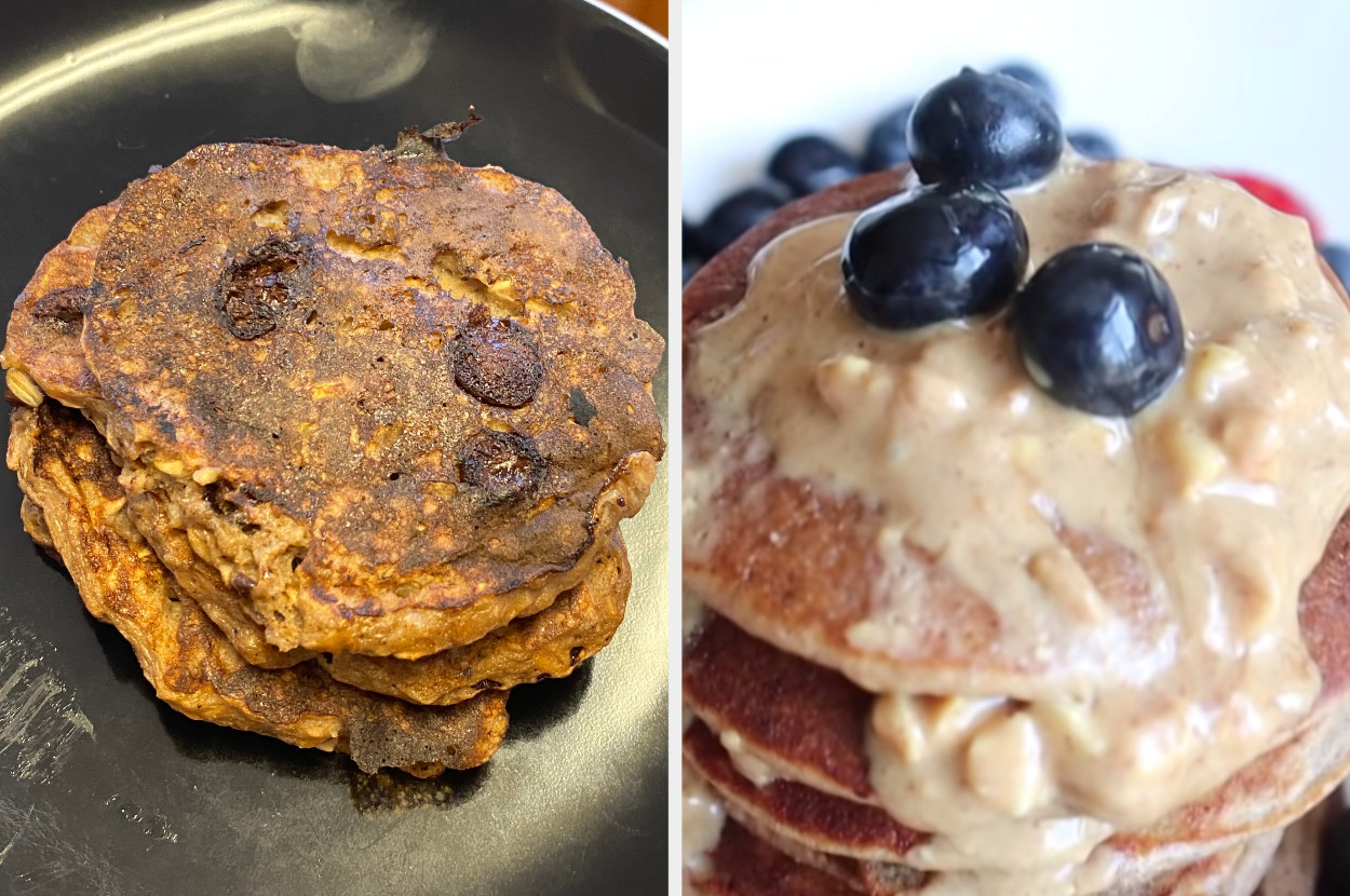 My pancakes, brown and a little irregular, side-by-side with Linda Sun&#x27;s pancakes, much lighter, thinner, and with rounder shape