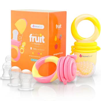 A food feeder pacifier set in peach pink and lemonade yellow containing two feeders and six silicone teats