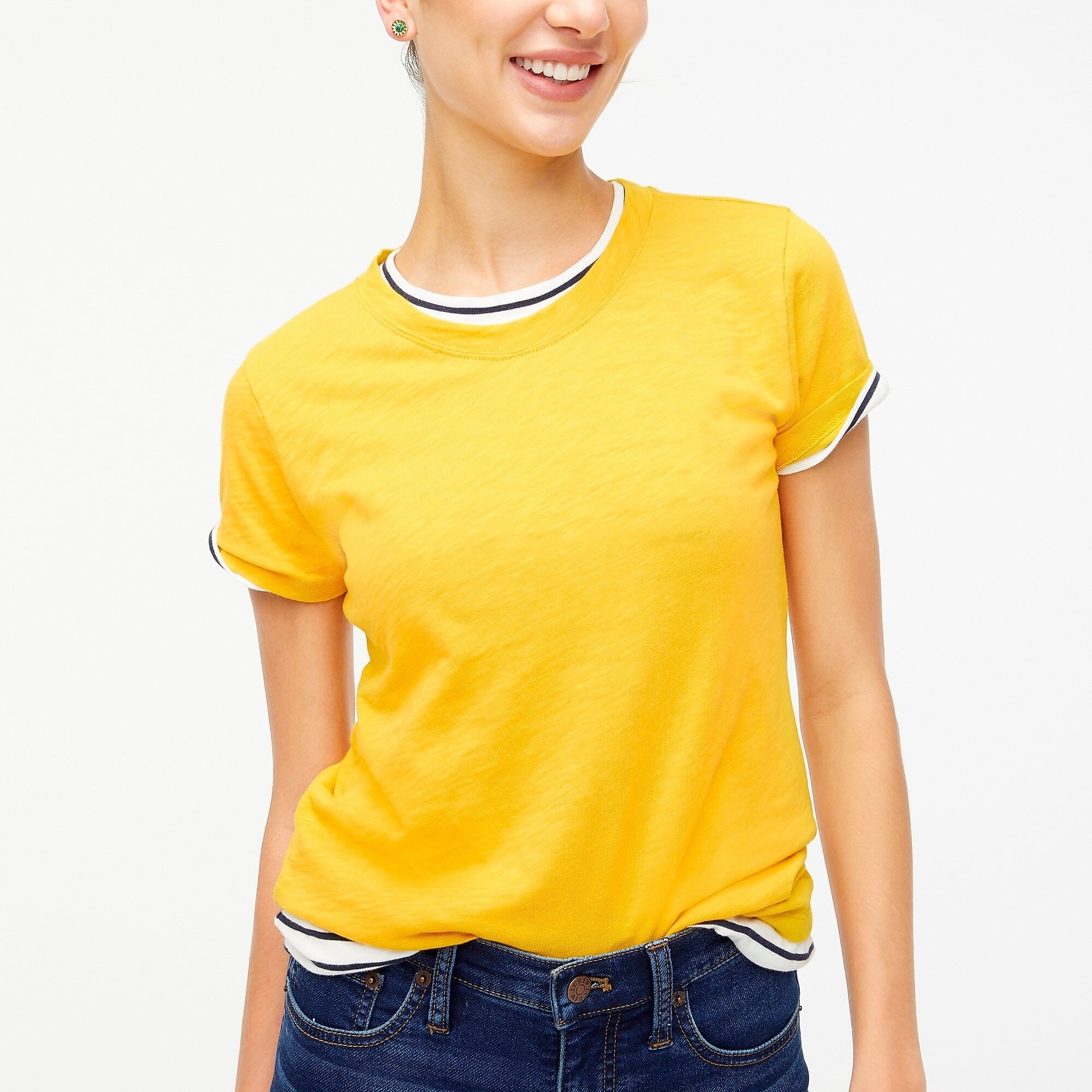 Model wearing the Oxford gold girlfriend crewneck shirt