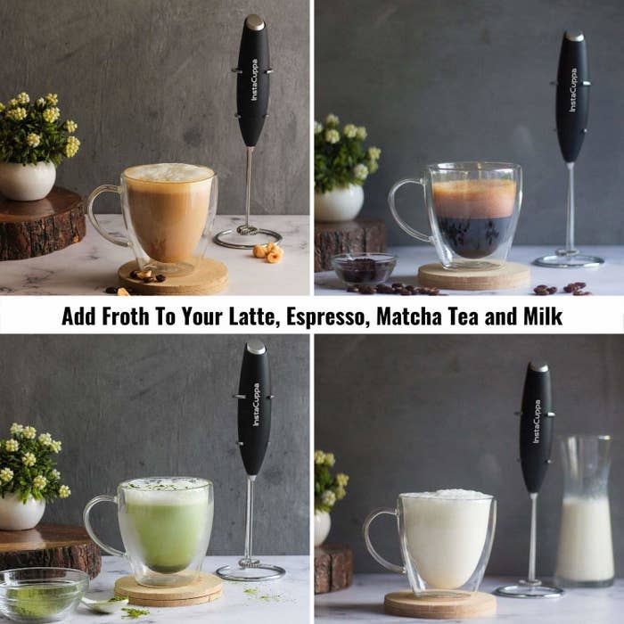 A collage of frothy latte, espresso, matcha, and milk - all made using the frothing device