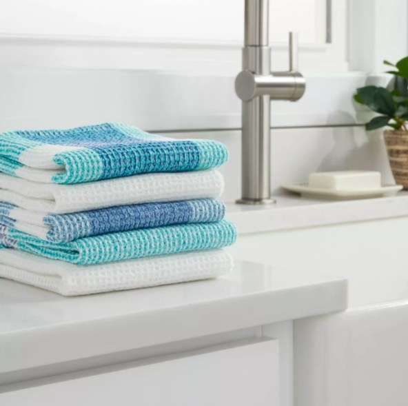 Stack of blue dish towels