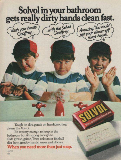 An old advertisement for Solvol soap showing a young boy washing his hands