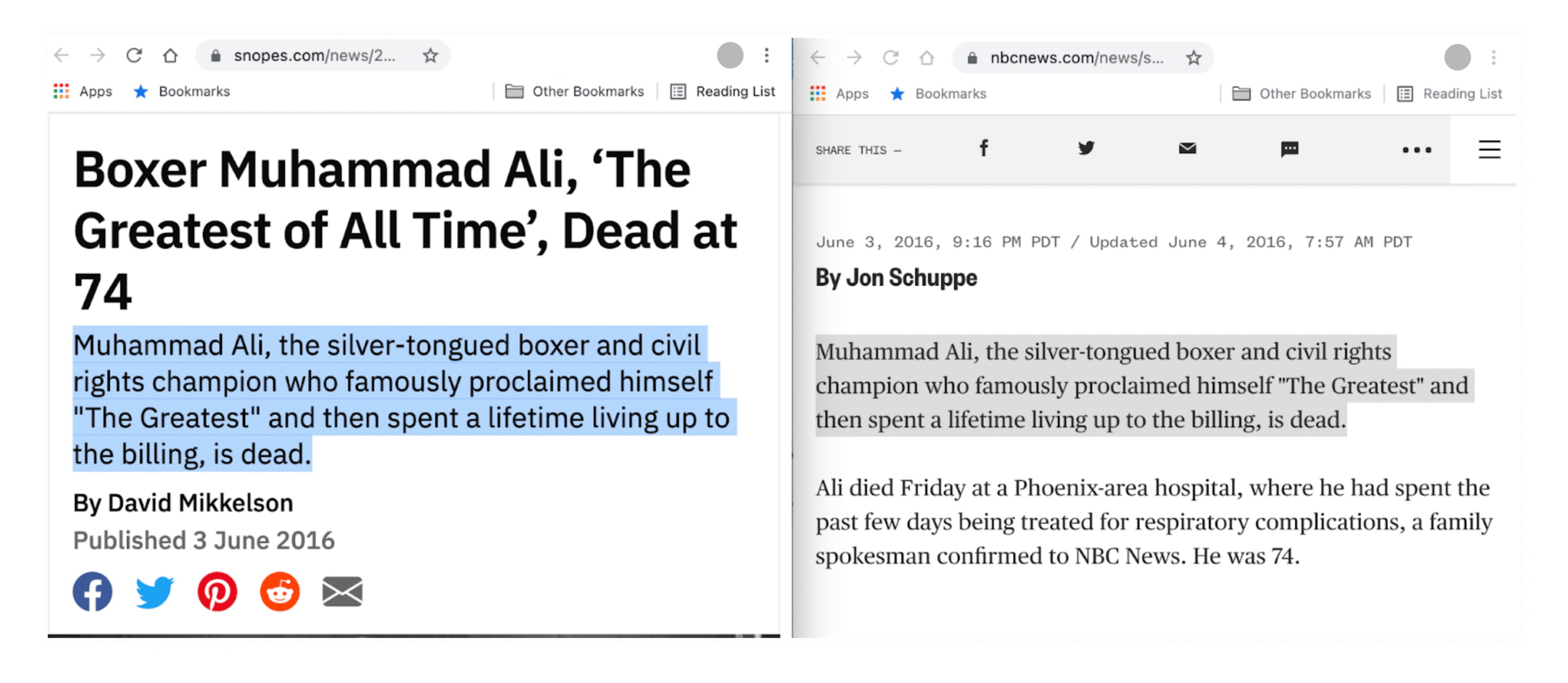 A side-by-side comparison of a Snopes story and one from NBC News