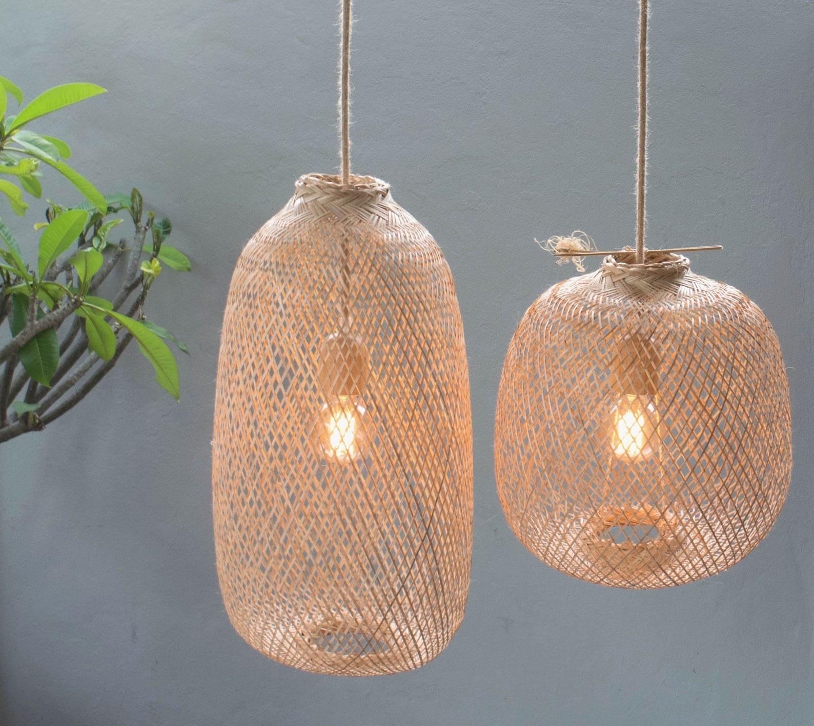 Two hanging bamboo pendant lights