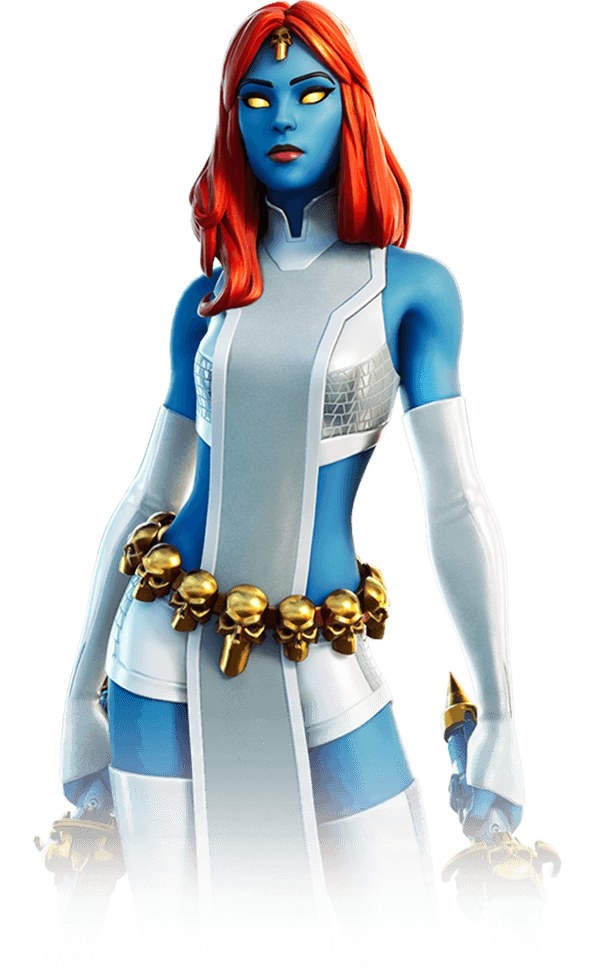 Fortnite skin of Mystique poses with duel swords