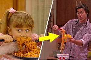 a little girl eating a bunch of spaghetti next to Spencer from iCarly making a Spaghetti taco