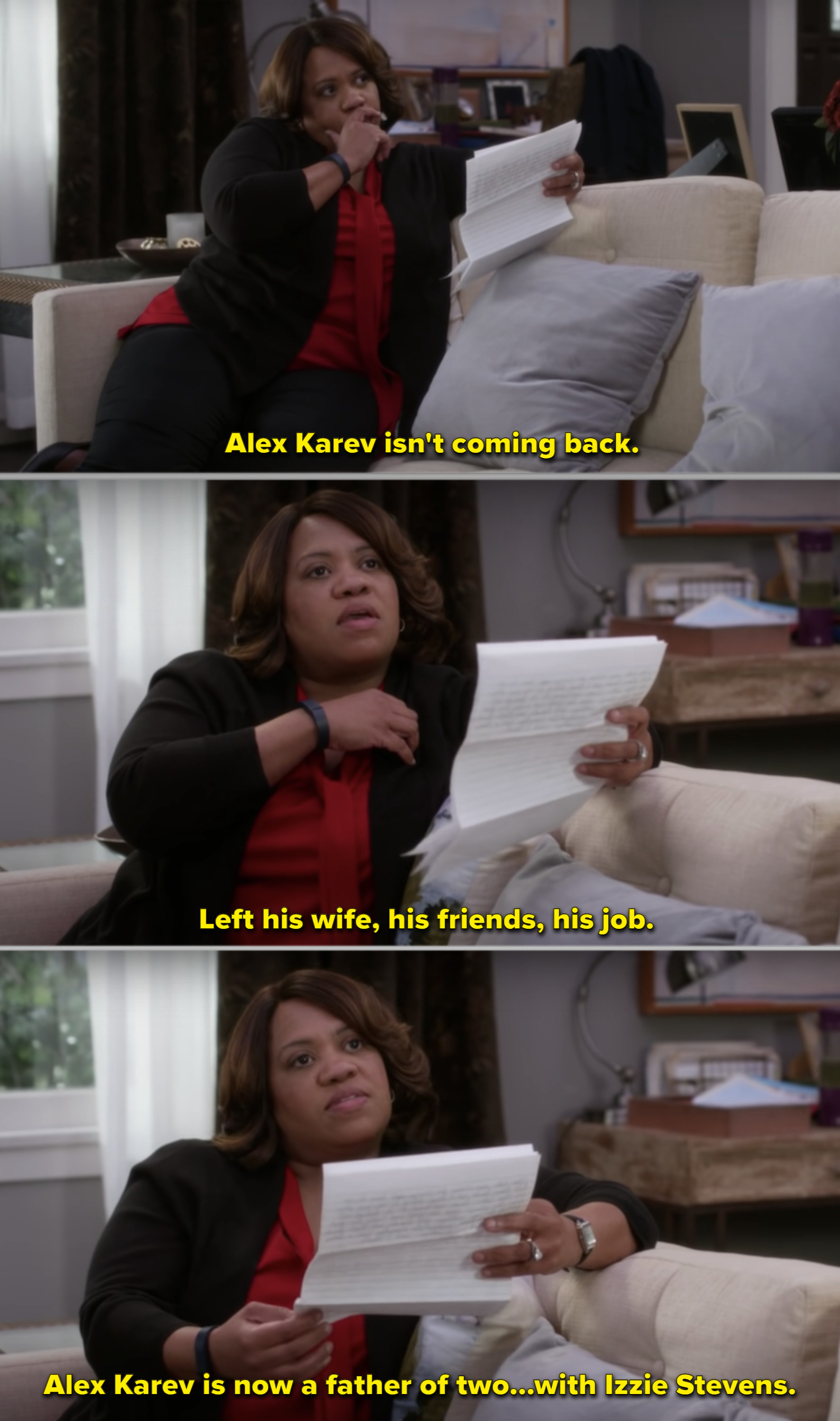 Dr. Bailey reading the note Alex left her