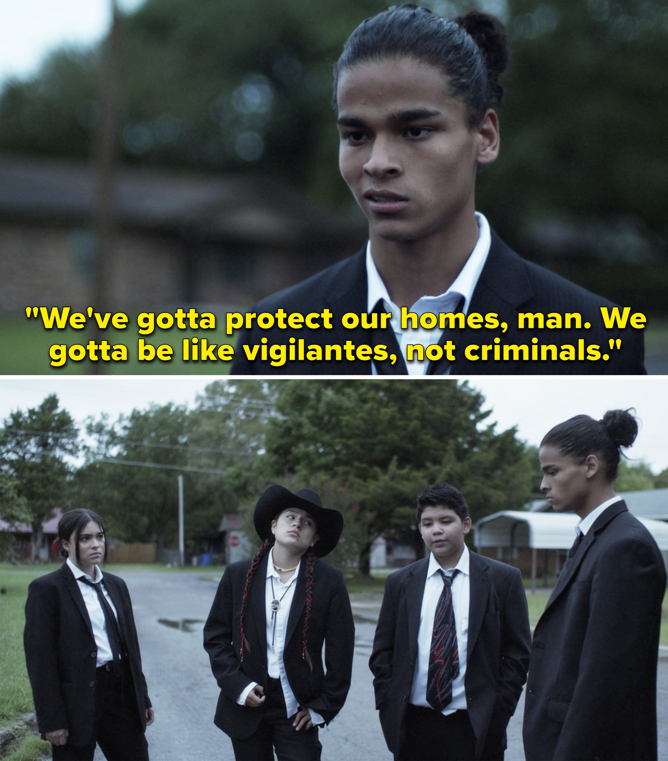 Bear saying, "We've gotta protect our homes, man. We gotta be like vigilantes, not criminals"
