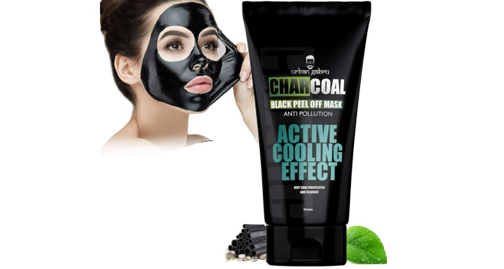 A peel-off charcoal mask tube, next to a woman peeling off her face mask