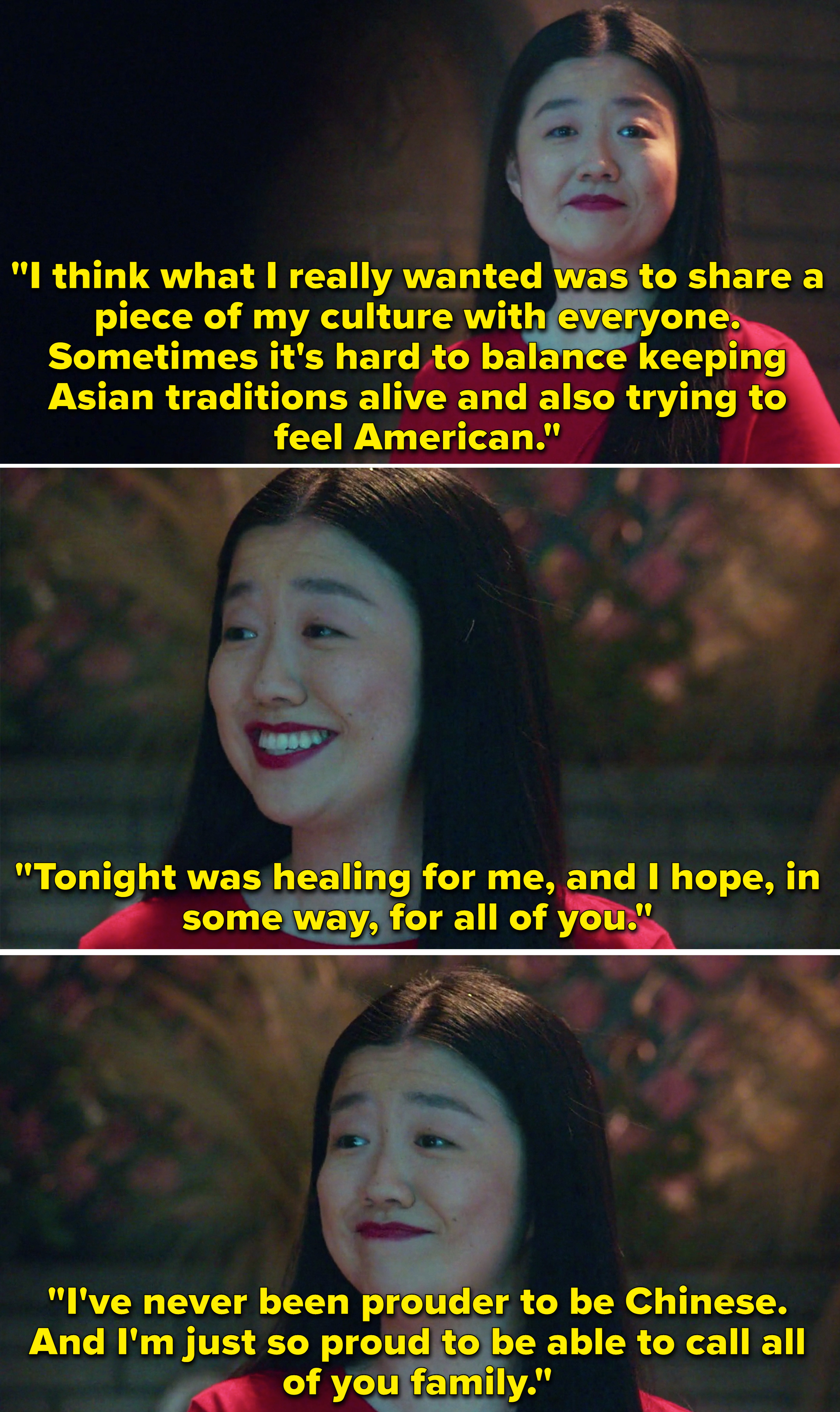 Alice saying how she&#x27;s proud to be Chinese and proud to be able to call all of her friends &quot;family&quot;