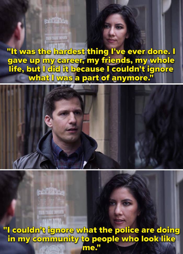 Rosa telling Jake she resigned because she couldn't stand with a system that was attacking her community
