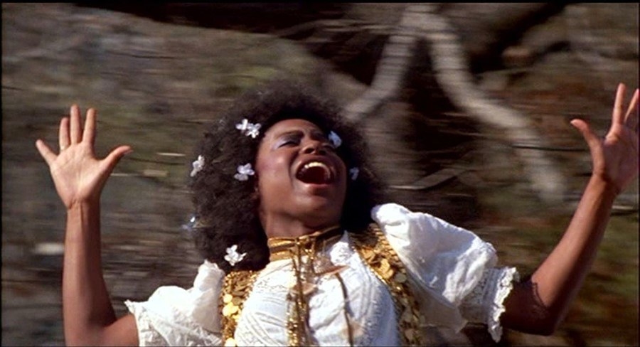 woman with an afro filled with butterfly clips sings while in a forest