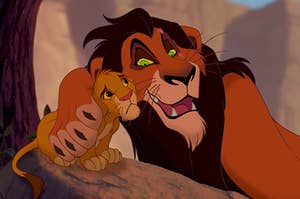 Scar from "The Lion King" putting a paw around a concerned baby Simba