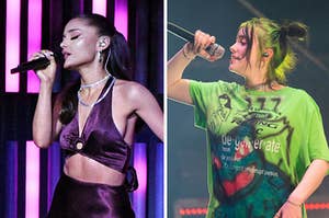 Ariana Grande sings into a microphone with her eyes closed and Billie Eilish holds a microphone up to her mouth to start singing