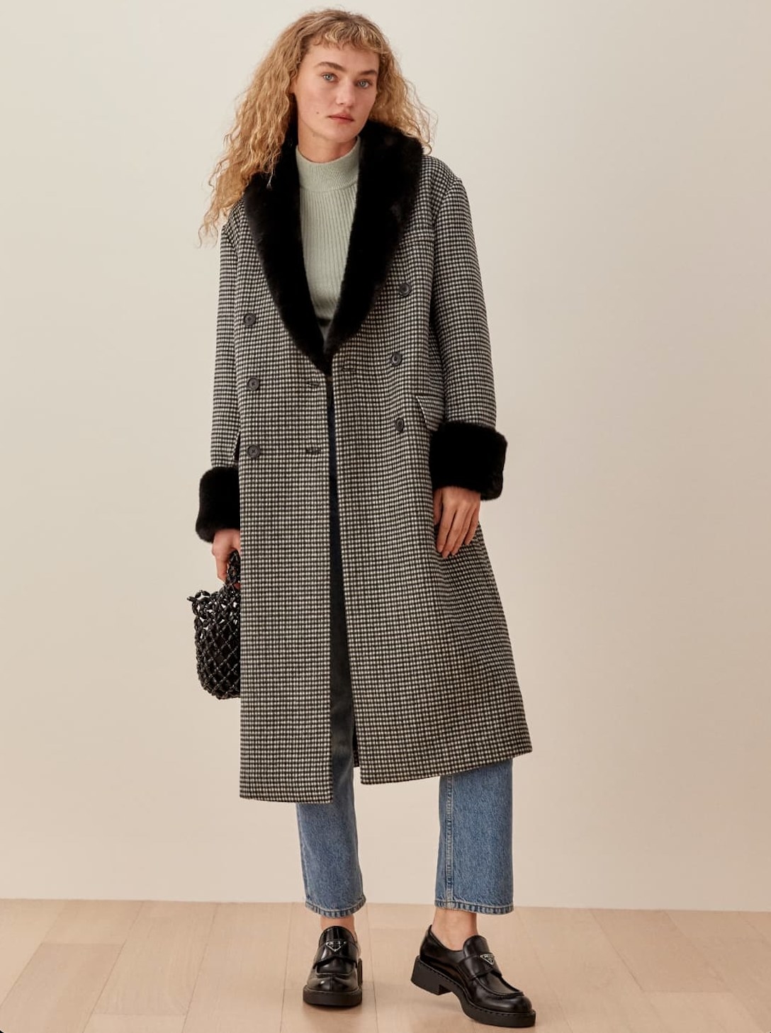 the Lester black checker coat on a model