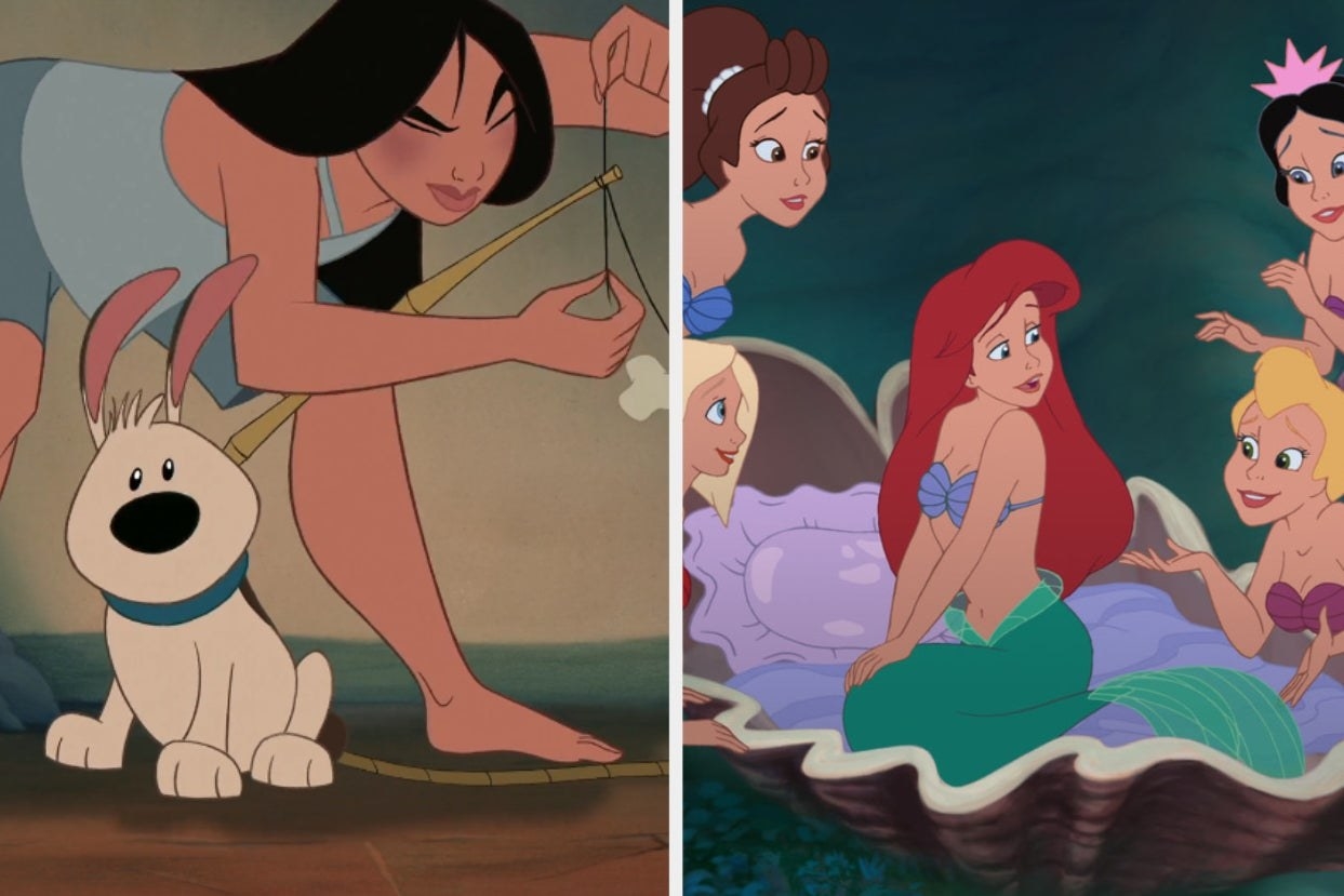 Mulan with her dog and Ariel with her sisters