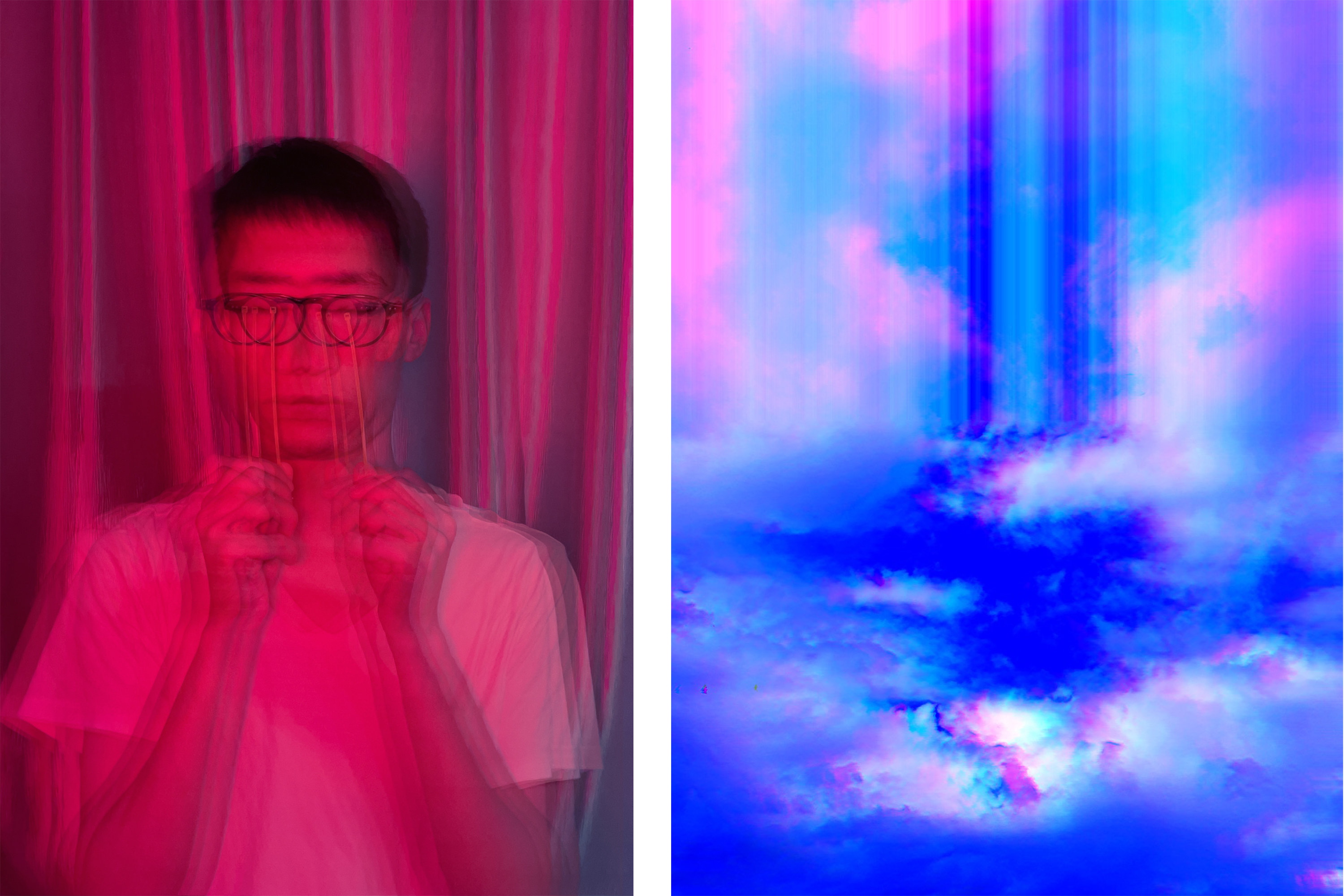 Two side-by-side photos show a blurry person holding up pencils in front of their eyes and spectral light through the clouds 