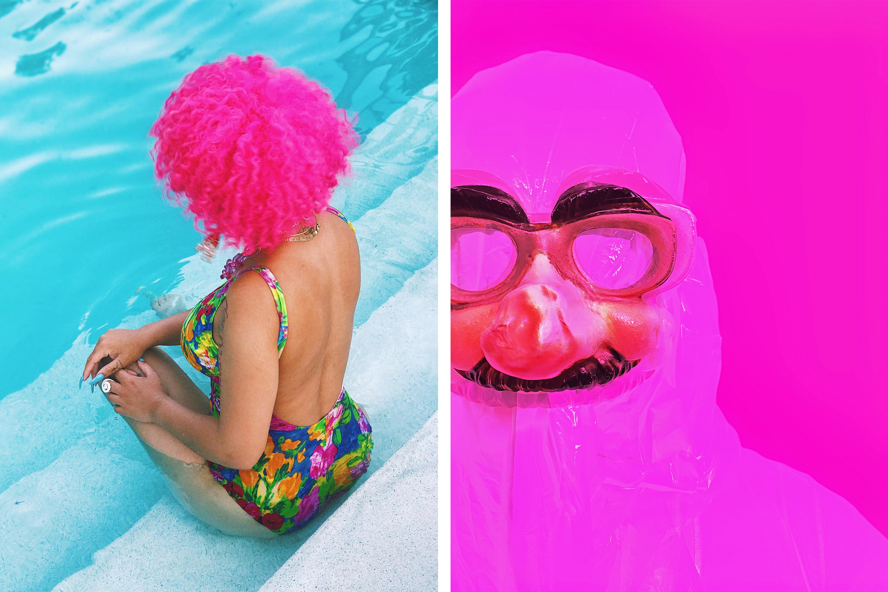 Two side-by-side images show a woman seated in a pool with a floral bathing suit and a wig, and a person in full-body plastic wrap, wearing glasses and a fake mustache