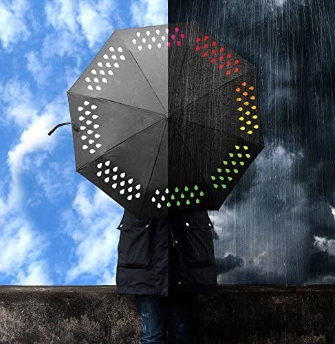 umbrella with design of white drops on one side and rainbow drops on the side where it&#x27;s raining