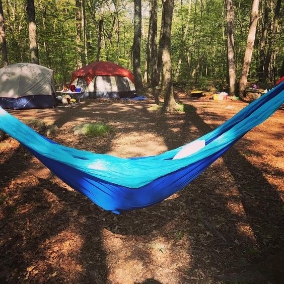 the camping hammock being used at a camp site