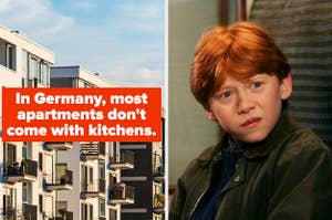 "Most apartments don't come with kitchens in Germany" alongside confused Ron from Harry Potter reaction