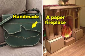 A handmade leather shark bag and a paper fireplace