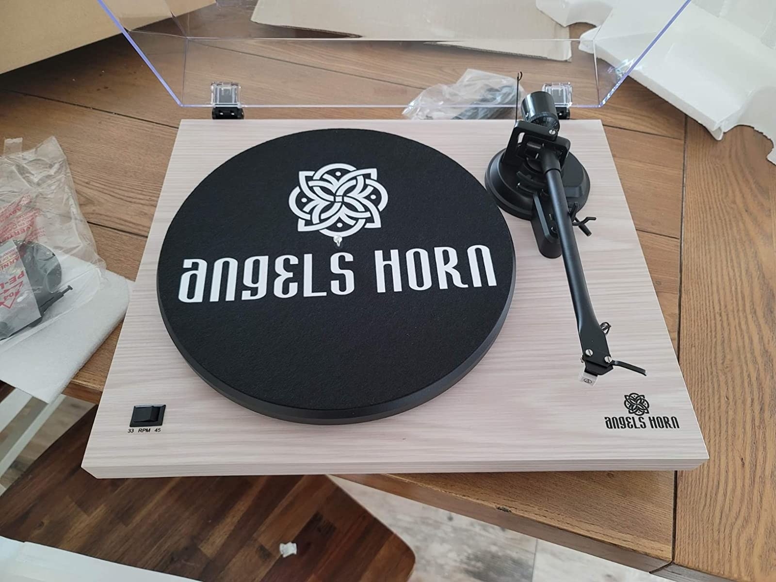 reviewer image of the white maple wood angels horn record player