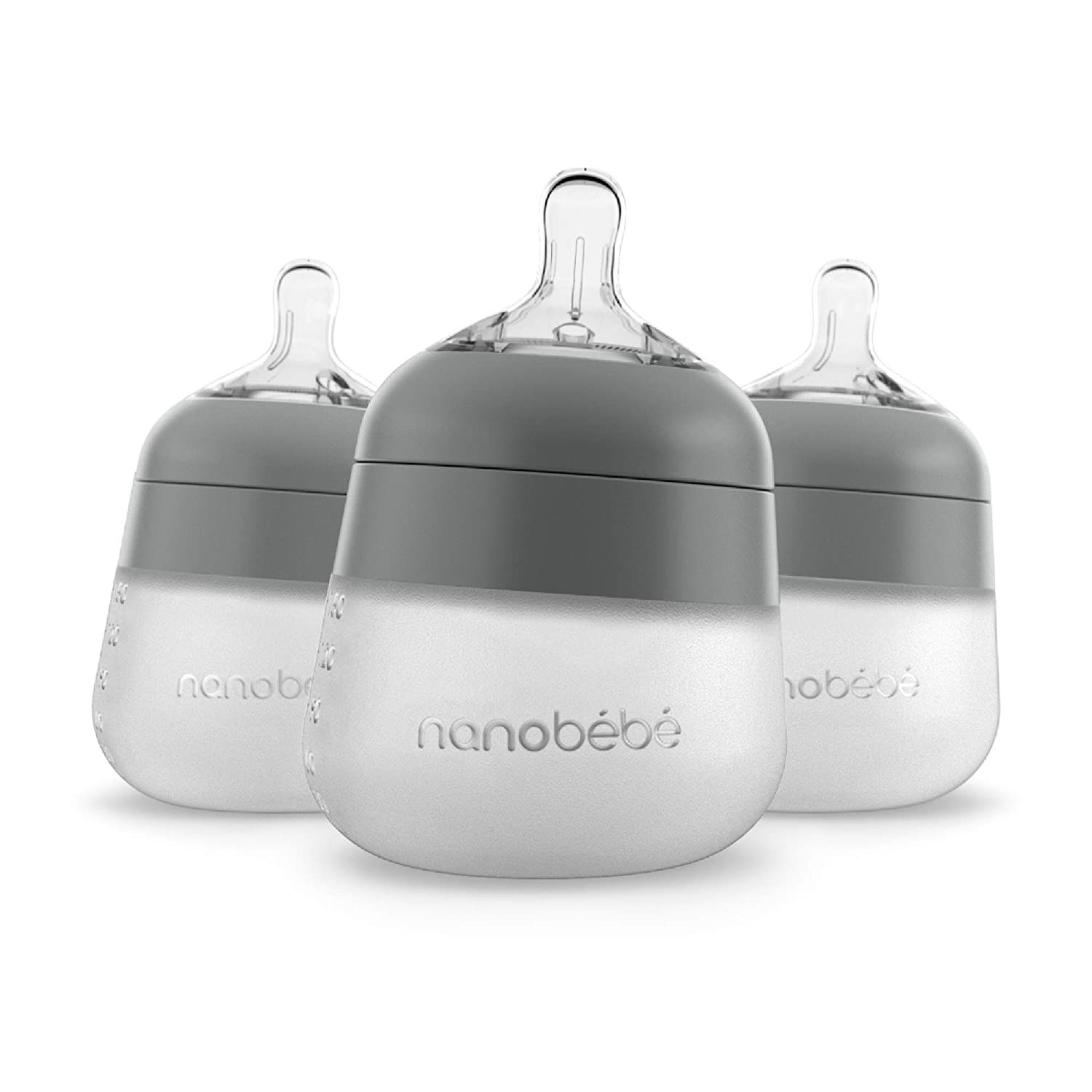 Three silicone baby bottles in grey