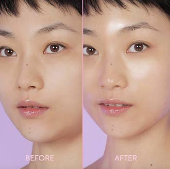 a model before and after showing how the serum makes their skin glowy
