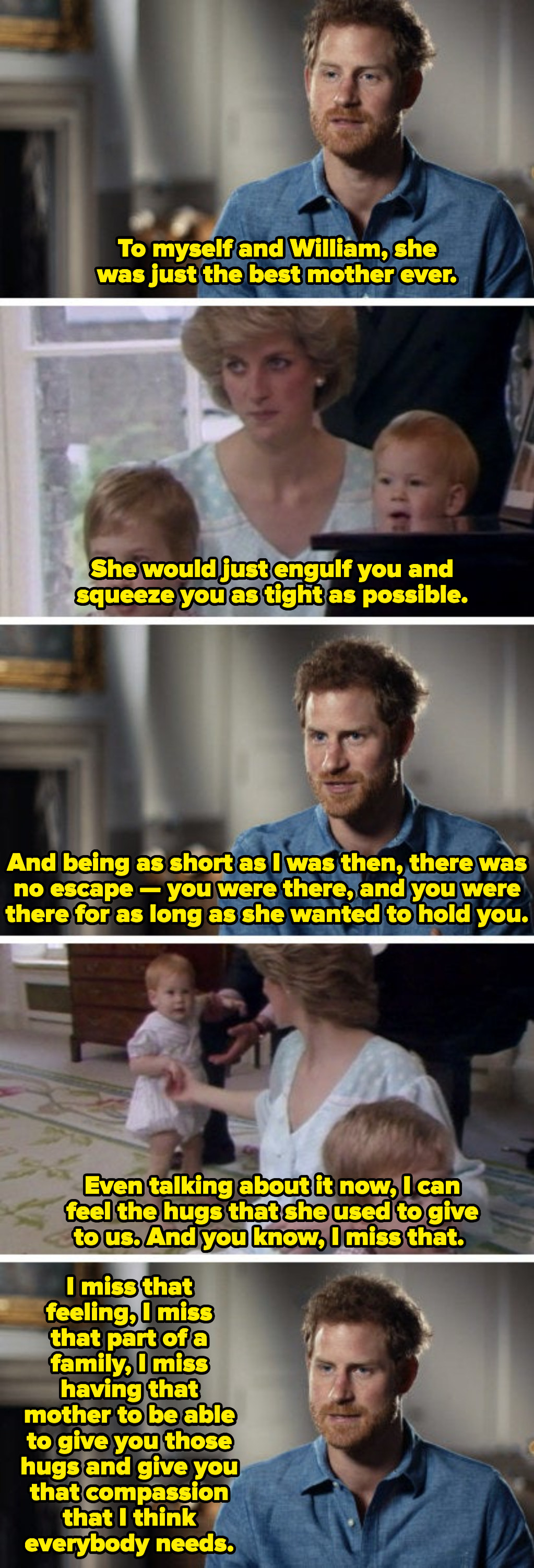 Prince Harry talking about missing his mother, Princess Diana&#x27;s, hugs: &quot;I miss that feeling, I miss that part of a family, I miss having that mother to be able to give you those hugs and give you that compassion&quot;