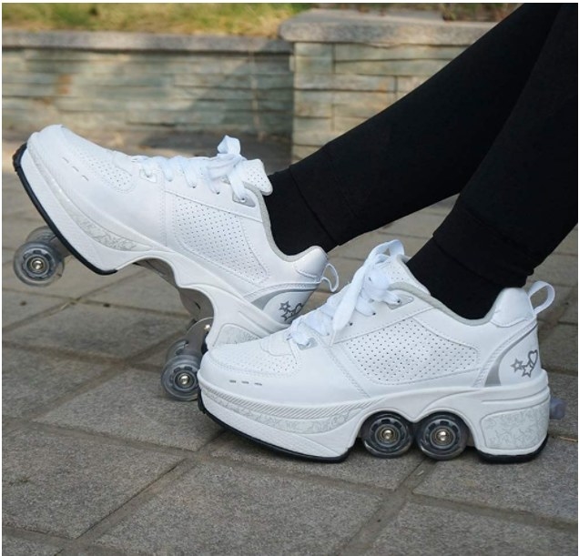 Foto de tenis blancos con rueditas incluidas para convertirlos en patines
