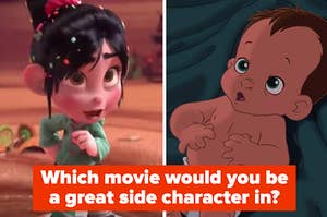 "Which movie would you be a great side character in?" is written above two Disney babies