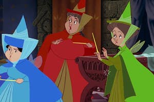 Three Disney fairy godmothers are shown holding a wand and looking scared