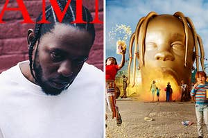 A Kendrick Lamar album cover is on the left with Travis Scot cover on the right