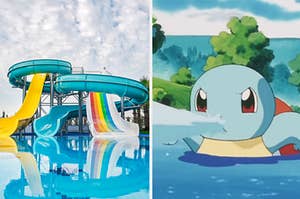 A water park with a slide is on the left with a Pokemon on the right in water