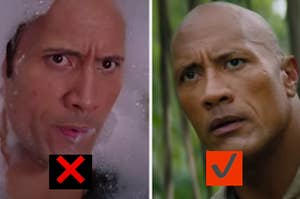 The Rock is on the left blowing bubbles while looking concerned on the right