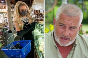 Photo of Paris Hilton dressed like Holly Golightly in a grocery store next to a photo of Paul Hollywood looking annoyed