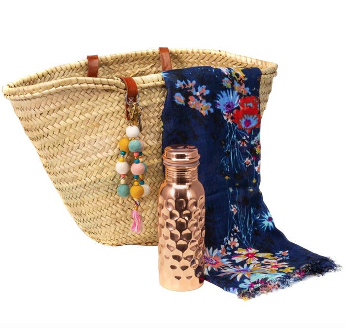 Moroccan market bag, johanna keychain, sophie viscose scarf and copper water bottle.