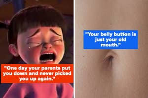Boo from "Monster's Inc" crying and a close up belly button