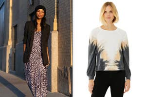 to the left: a model in black blazer and a maxi dress, to the right: a model in a tie dye long sleeve top